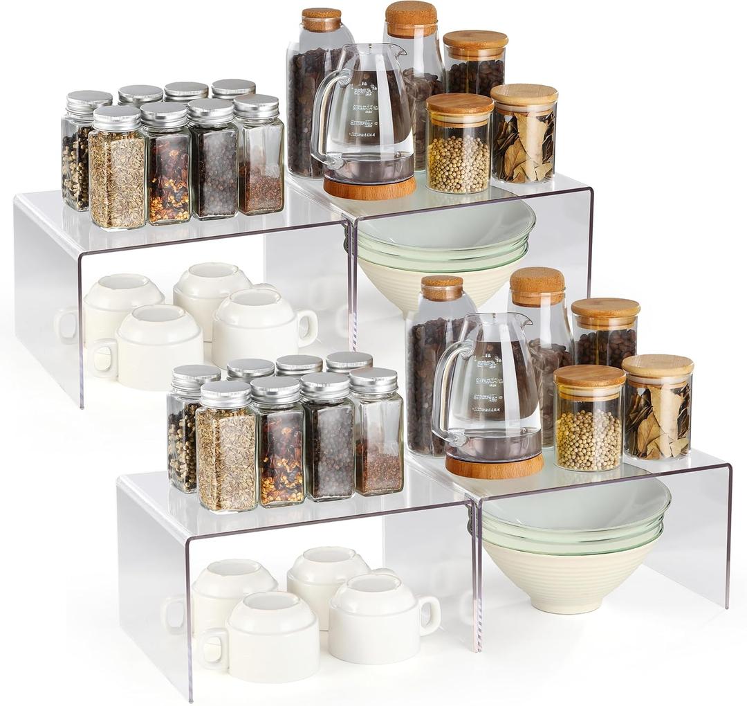 Hampsele Acrylic Kitchen Cabinet Organizer Shelf, Spice Rack, Plate and Cupboard Storage Riser, Versatile Pantry Shelf, Durable Clear Countertop Organizer for Home and Kitchen(4 PCS)