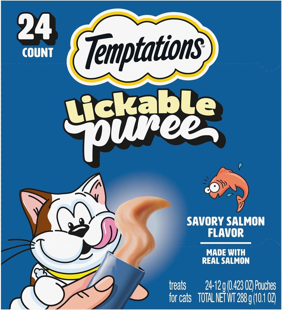 Temptations Creamy Puree Squeezable Lickable Cat Treats, Wet Cat Treats with Salmon, 0.42 oz. Tubes, 24 Count