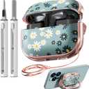 with Safety Lock for Samsung Galaxy Buds Pro 3 Case & Galaxy Buds 3 Case Cover with Cleaner Kit and Keychain, Soft TPU Cute Floral Earbuds Pro 3 Case for Women Girly - Green Daisy Flower