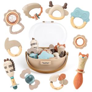 Baby Rattles & Teethers Set  Baby Toys 0-6 Months, Teething Toys 3-6 Months, Sensory Toys with Soft Textures, Gentle Sounds & Easy-Grip Shape, Neutral Newborn Gift10-Pack