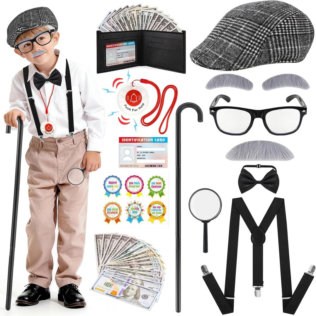 Kids 100 Days of School Costume for Boys - 1920s Old Man Grandpa Costume Set with Beret, Cane, Mustache & Wallet for 100th Day of School, Halloween, Pretend Play Dress Up