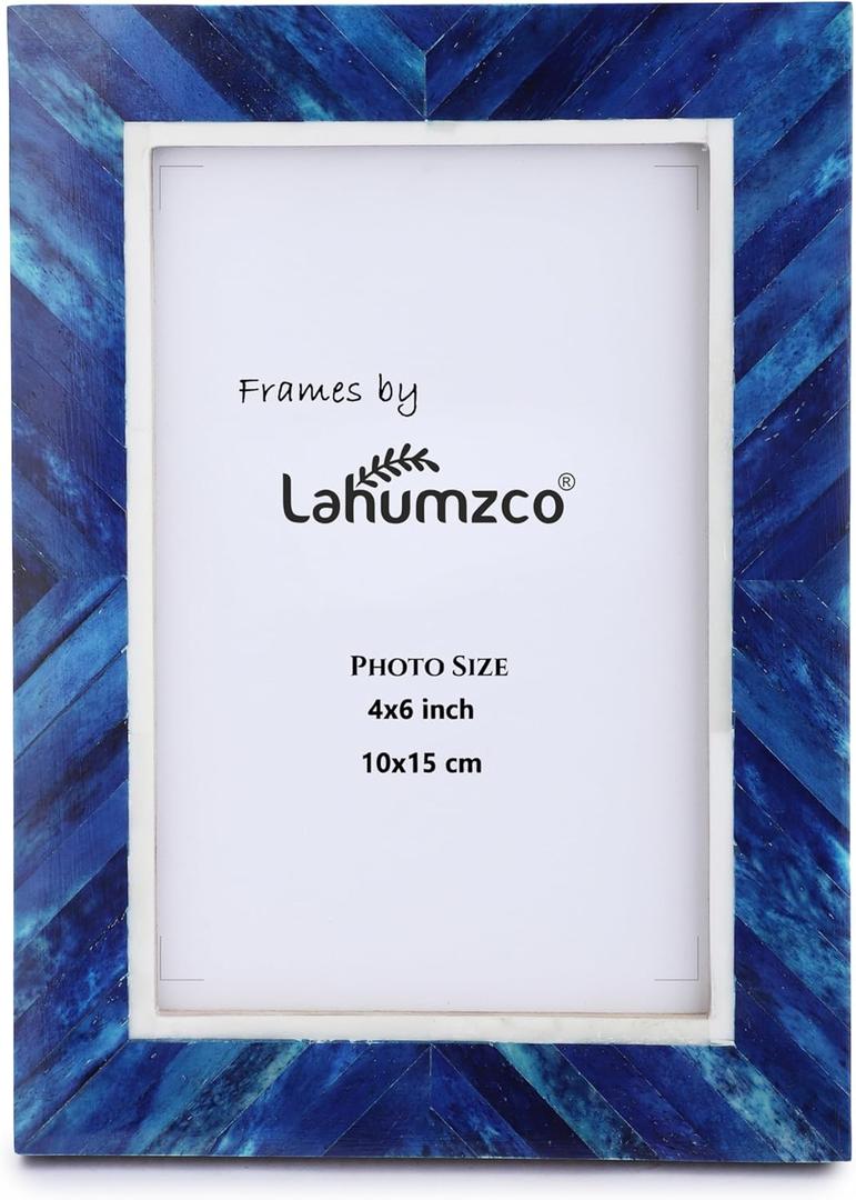 Handmade Picture Photo Frame Chevron Herringbone Art Inspired Vintage Table-Top/Wall Dcor Boho Frames (4x6 Inches, Blue, White)