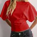 Lumister Shirts for Womens Crewneck Tighten Waist T-Shirt Casual Short Sleeve Workout Tops Solid Color Basic Tees (Red, L)