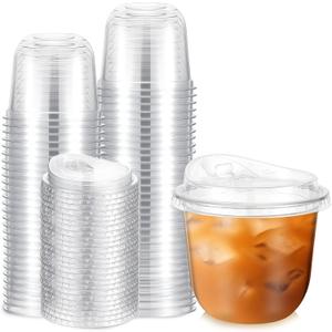 50 Pack 10 oz Clear Plastic Cups with Strawless Sip Lids Disposable Pet Iced Coffee Round Bottom Cup for Iced Coffee Juice Smoothie Cold Beverage Milkshake Bubble