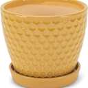 Napco Honeycomb Embossed Bright Yellow 6 Inch Ceramic Flower Pot Planter with Saucer Yellow