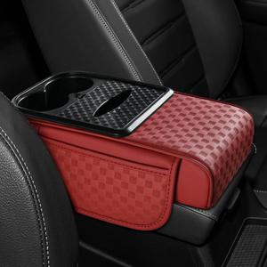 Hovom Car Center Console Cover, Multifunctional Armrest Cushion, Wine Red | 13.78"7.48"2.76" Ergonomic Leather Armrest Pillow, Car Armrest Cushion with Cup Holder, Side Pockets & Built-in Tissue Box