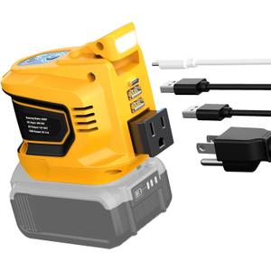 Ecarke 200W Portable Power Inverter Compatible with DeWALT 20V Battery, DC 20V to AC 110V Power Station with 1 AC Outlet, 2 USB, 1 Type-C & LED Light, for Outdoor Emergency Use (No Battery) (Yellow)