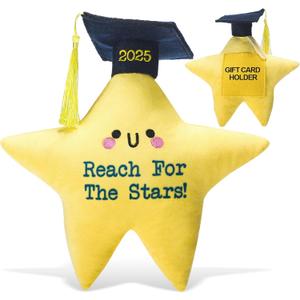 Graduation Gift 2025 Star Plush Stuffed Animal with Black Cap Tassel Card Holder Reach for The Stars Plush Toy Doll for Kindergarten Primary High School College Party Favors