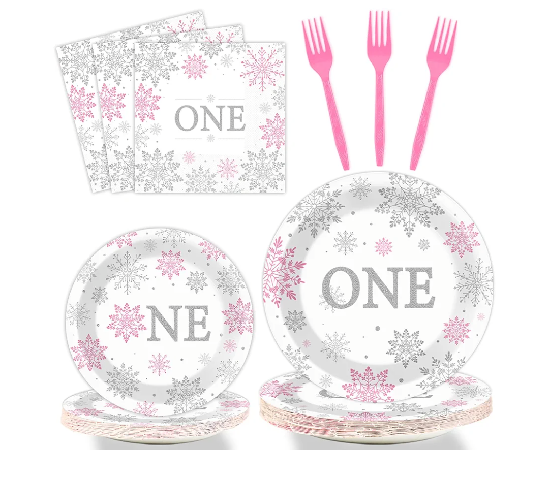Winter Onederland 1st Birthday Themed Tableware - Snowflake One Plates, Napkins for Baby Girls First Birthday - Disposable Paper Party Decorations Supplies Favors for 24 Guests