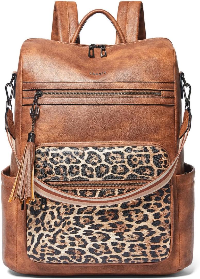 Shrrie 15.6 inch Laptop Backpack for Women,Large Leather Purse,Travel Backpacks Carry on,Water Resistant Casual Laptop Backpacks,College Backpack,Work Backpack for Women,Two-tone Camel Brown (Brown With Leopard)