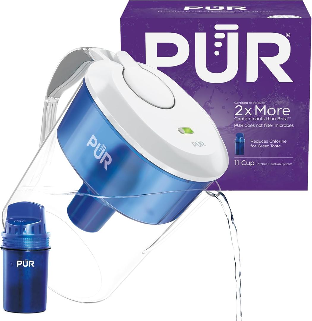 PUR 11-Cup Water Pitcher, 1 Filter, Cleaner, Great-Tasting Water, Dishwasher Safe, Powerful Filtration, Filter Change Light Indicator, LockFit Cap Design, White, Without a filter