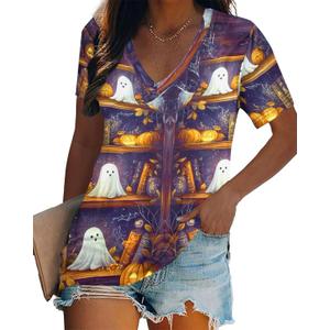 Women Halloween Shirt Funny Pumpkin Face Graphic Tees Autumn Casual V-Neck Fall Short Sleeve Loose Tops (L)
