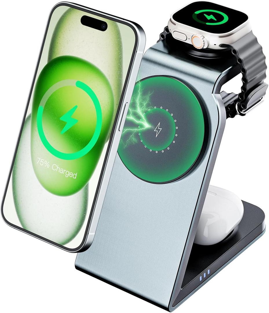 3-in-1 Wireless Charging Dock for MagSafe, iPhone 16 to 12 Pro Max, Fast 15W Charging Station for Apple Watch and AirPods, Magnetic Charger Stand for Multiple Devices (Black)