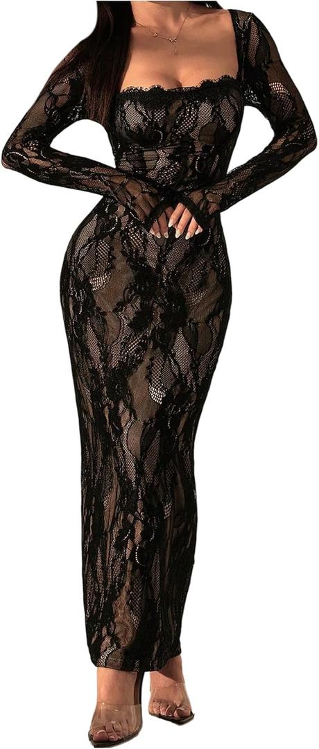 OYOANGLE Women's Floral Lace Slit Back Fishtail Long Dress Square Neck Cocktail Bodycon Dresses (Large, Black)