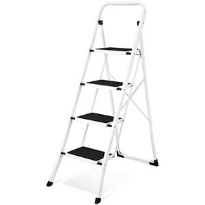 Soctone Step Ladder 4 Step Folding with Anti-Slip Pedal, Lightweight 4 Step Ladder with Handrails, 330 lbs Capacity Perfect for Kitchen & Household, White
