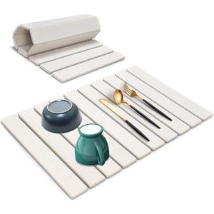 Large Stone Dish Drying Mat for Kitchen Counter, 24"(L) x 16"(W), Collapsible Quick Drying Mat, Absorbent Eco-Friendly Diatomaceous Earth Mats for Dishes Bottles, Match Any Countertop - White