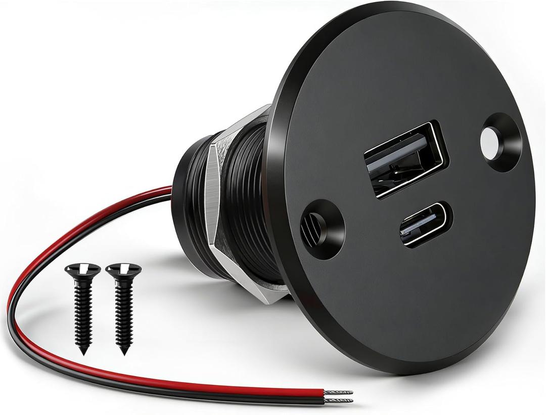 12V RV USB Outlet DC 12-24V QC & PD Charging Port 24W High-Speed Charging Socket, Flush Mount USB Fast Aluminum Charger for Camper Car Boat Truck Drill Hole 7/8-inch (Screw Mount)