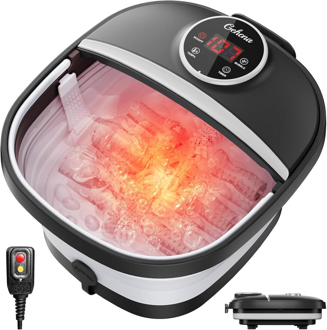GEHONA Collapsible Foot Spa Bath with Heat, Foot Massager with Two Side Supports, Leakage Protector, Temperature Control, Bubbles, Red Light, Timer, Feet Soaker, Gifts (Deep Black)