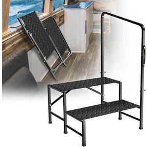 RV Step with Handrail, Foldable 2 Steps with Handle RV Stairs Home Ladder Foldable Stairs for 5th Wheel RV, Hot Tub, Outdoor Spa Pool