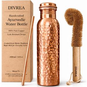 100% Pure Copper Water Bottle for Drinking 32 Oz Wide Mouth, Hammered Ayurvedic Copper Water Bottle with Straw Handcrafted Leak-Proof Vessel, Reusable & BPA-Free, Free Cleaning Brush (Hammered)