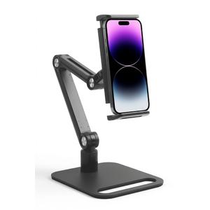 Premium Metal Desk Phone Stand, Adjustable Multi-Joint Folding Cell Phone Holder with Heavy Duty Base & Carbon Fiber Texture,   Ball Head, Foldable Arm, Compatible with iPhone, Samsung, and Other Devices — Black
