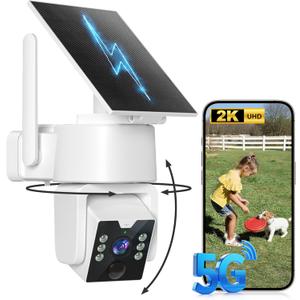 Solar Security Cameras Wireless Outdoor - 5G & 2.4G Wi-Fi Outdoor Camera, 2K 360 PTZ Camera, Solar/Battery Powered, PIR Human Detection, Color Night Vision, Alexa Compatible, Two-Way Voice Calling