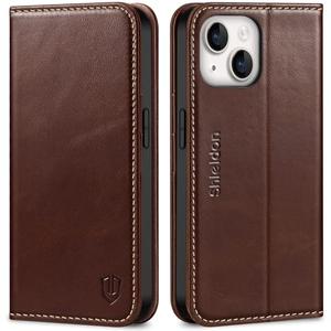 SHIELDON Case for iPhone 14 5G 6.1", Genuine Leather Wallet Case Flip Magnetic RFID Blocking Card Slots Carry-All with Kickstand Shockproof Cover Compatible with iPhone 14 - Retro Coffee