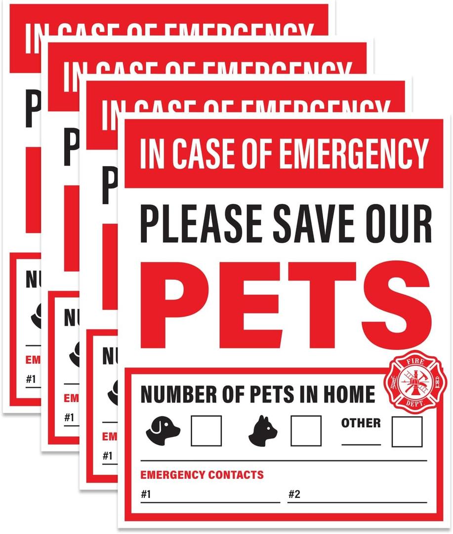 4pcs In Case of Emergency Save Pets Sticker | Pet Fire Rescue Sticker, Dog Inside Fire, Pet Alert Stickers for House | Weatherproof Outdoor Vinyl, 4" x 5"