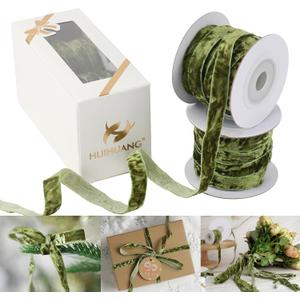 HUIHUANG Velvet Ribbon 3/8" Moss Green Crushed Velvet Ribbon for Christmas Tree Ornaments, Gift Wrapping, Wreath Decoration, Invitations, Holiday Home Decor, Bows, Flower Bouquet -10 Yards