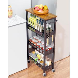 Utility Slim Storage Cart, 4 Tier Small Rolling Kitchen Laundry Room Cart with Wood Top, Metal Narrow Bathroom Storage Cabinet Mobile Shelf Unit Organizer Trolley with Handle for Narrow Space (7.1 inch wide, Black)