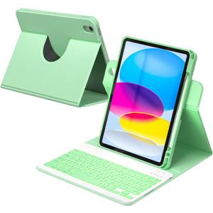 YBING Keyboard Case for iPad 10th Gen 10.9 inch(2022) & 11th Gen(A16, 2025), 7-Color Backlit Detachable Keypad & Rotatable Magnetic Case with Pencil Holder (Green)