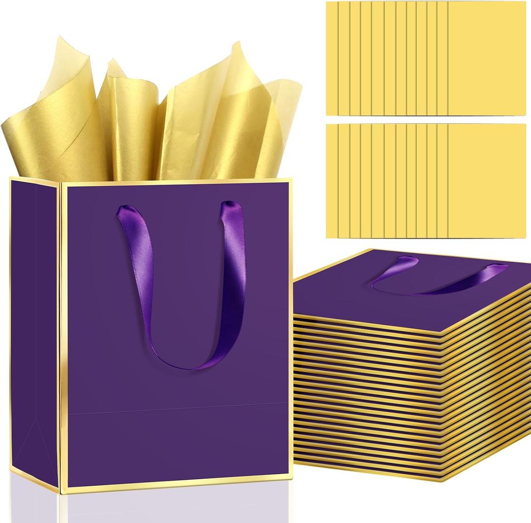 Epoesch 24Pcs Premium Metallic Paper Gift Bags with Handles & Tissue Paper 8"x5"x10" Purple with Gold Edge Thank You Bags for Mother's Day, Party, Wedding, Welcome Gift, Business (Purple Gold, 1 Count (Pack of 24))