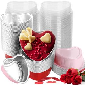 100 Pcs Heart Shaped Cake Pans with Lids Mini Aluminum Foil Heart Cupcake Baking Tins 3.4 Oz Disposable Heart Shaped Containers for Valentine's Day, Mother's Day, Wedding (Red, Pink)