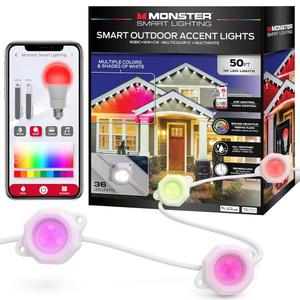 Monster Smart Permanent Outdoor Lights, 50ft, 36 LED Eaves Lights, RGB+IC+WW, Weather & Water Resistant, App & Voice Control, Compatible with Alexa and Google, for Halloween, Christmas & Year-Round