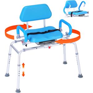 Sliding Shower Chair, Tub Transfer Bench with 360 Swivel Seat, Padded Seat and Pivoting Arms, Height Adjustable Bathtub Transfer Bench for Tubs, Bath Chairs for Adult Elderly Disabled Handicap, Blue