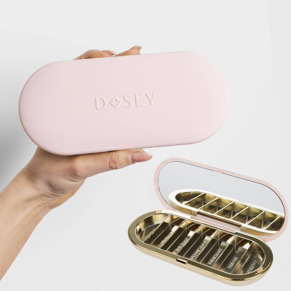 Dosey 7 Day Pill Compact Travel Pill Organizer - Pill Case with 7 Pill Compartments for Medicine Storage & Protection  Stylish & Elegant Medication Organizer with Mirror, Blush