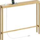 ELYKEN 5.9" Narrow Console Sofa Table with Power Outlets, 5.9" Dx39.4 Wx31.1 H Bamboo Behind Couch Table with Charge Station, Natural