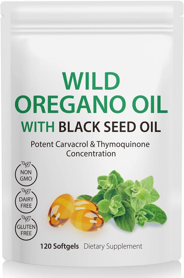 120PCS Oil of Oregano with Black Seed Oil Boosts Immune Oregano Oil Capsules Organic, Chlorophyll, Fast Absorption, GMP Certified