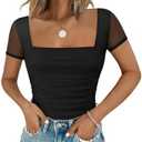 Chunpin Women's Bodysuits Square Neck Long Sleeve Bodysuits Mesh Ruched Thong Body Suit Outfits Going Out Tops 2 XL