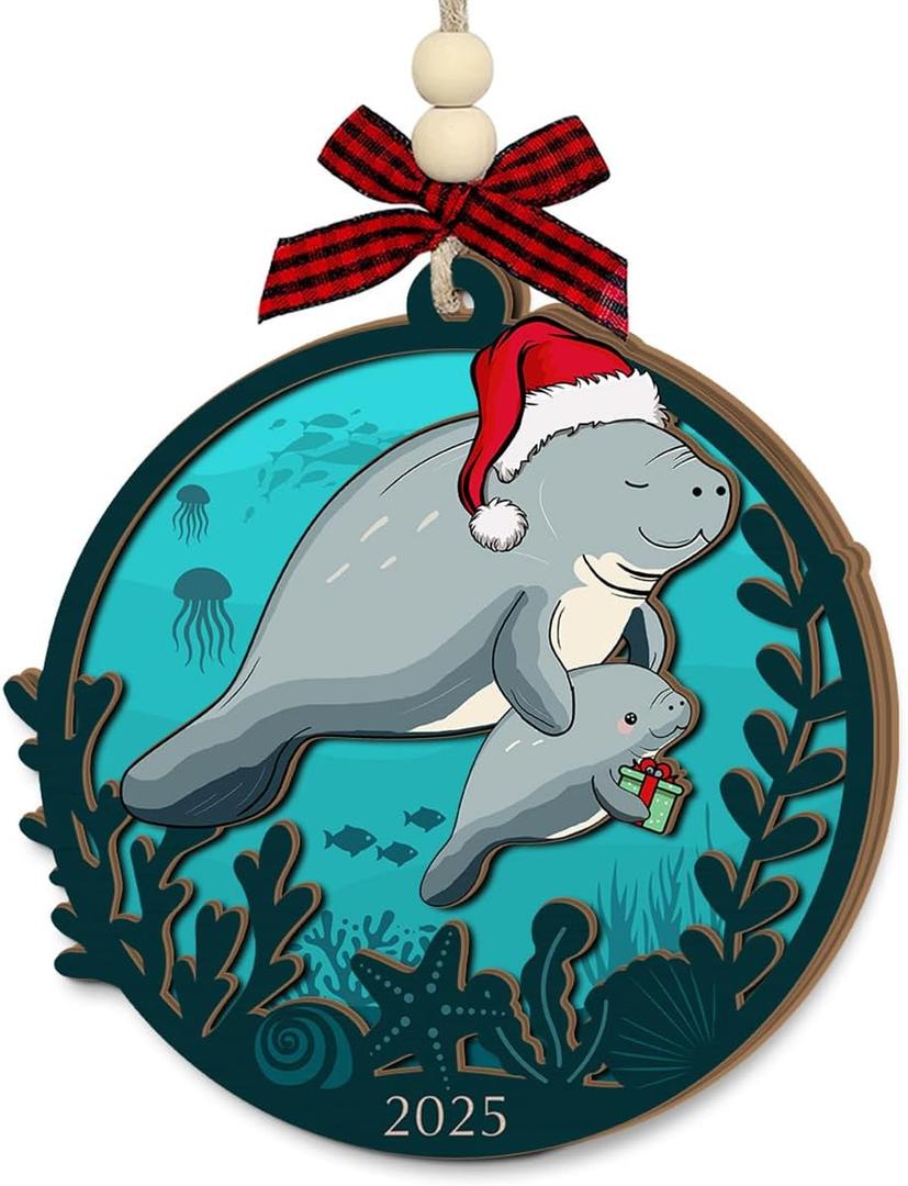 2 x Mom and Baby Manatee Christmas Ornament 2025 - Manatee Gifts for Animal Lovers Women, Men, Mommy Hugging Her Baby, for Mom from Son Daughter, Wooden Animal Ornaments Hanging Decor