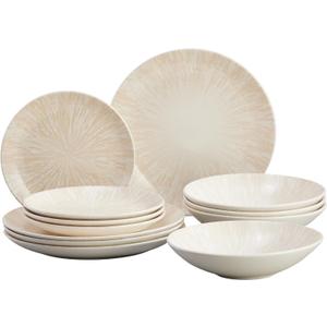 Corona 12-Piece Light Sandy Beige Ceramic Dinnerware Sets, Plates and Bowls, Service For 4, Nyssa