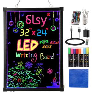 Slsy Illuminated LED Message Writing Board Erasable Neon Effect Menu Sign Board with 8 Fluorescent Makers, 12Colors Flashing Modes, Remote Control Message Board (28"X20")