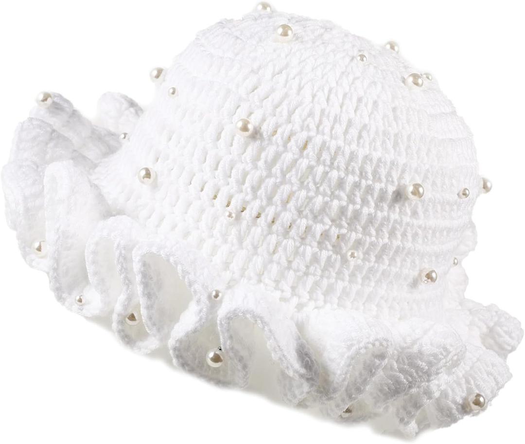 Crochet Bucket Hat Women Trendy Knit Floppy Cap Cute Boho Handmade Beanies Outdoor Boho Travel Fishing Hat (White)