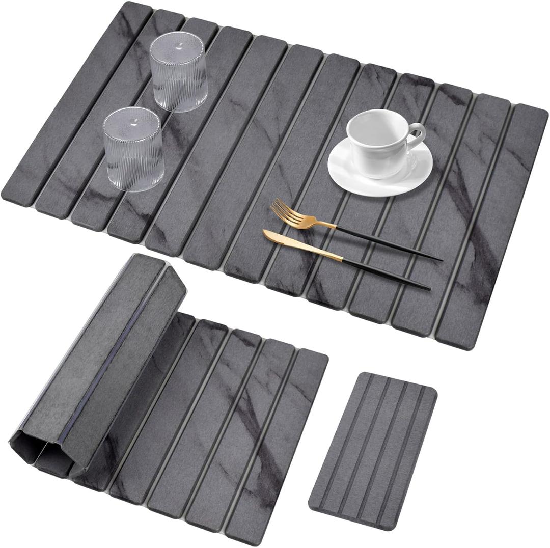 2 PCS Extra Large Stone Dish Drying Mat for Kitchen Counter, 28"16" Marble Dish Drying Mat with 8"x 4" Coasters, Non - Slip Collapsible Absorbent Stone Dish Drying Mat for Multi - Purpose (Gray)