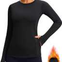 Women's Thermal Fleece Tops Long Sleeve Workout Shirts Running Athletic Base Layer with Thumb Holes Zipper Pocket (Medium, Black)