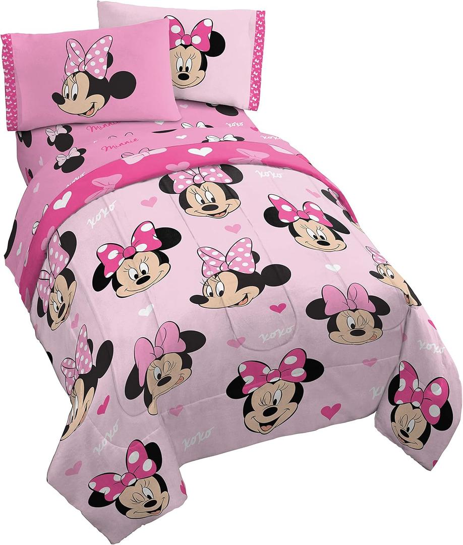 Jay Franco Disney Minnie Mouse Hearts N Love 4 Piece Twin Bed Set - Includes Reversible Comforter & Sheet Set - Super Soft Fade Resistant Microfiber - (Official Disney Product)