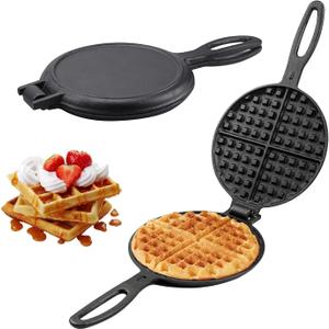 Cast Iron Waffle Cookware Two Piece Hinged Non Electric Waffle Iron for Stovetop or Grill Makes 7" Round Waffles Design Waffle Pan