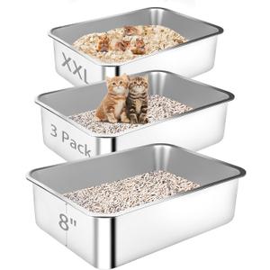 Stainless Steel Cat Litter Box, 3 Pack 23.6"x15.7"x7.9" XXL Metal High Sided Litter Pan, Extra Large Stainless Steel Box Splash-Proof and Non-Stick Cat Poop Box odorless