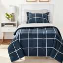 Amazon Basics 5-Piece Lightweight Microfiber Comforter Set with Sheets, Bed-in-a-Bag, Navy with Grey Plaid Bedding, Twin/Twin XL