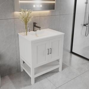 24" White Bathroom Vanity Base Only – Freestanding Solid Wood Sink Cabinet with Open Shelf Storage, Shaker Style Bath Vanity Cabinet, No Top, 36" W x 21" D x 34.5" H